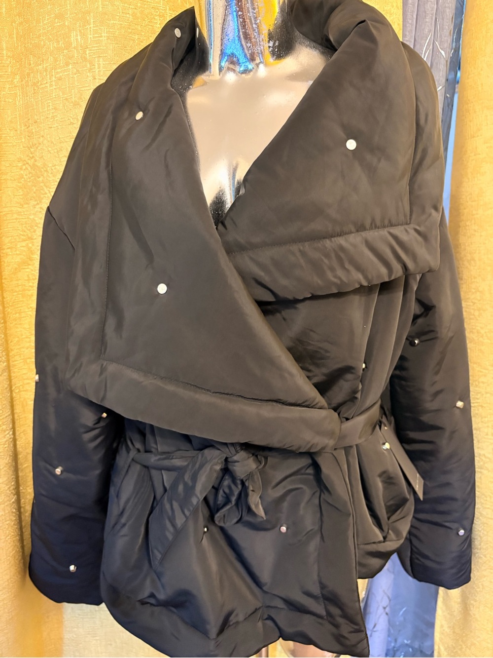 Forever 21 Black Puffer Wrap Jacket with Belt and Studs